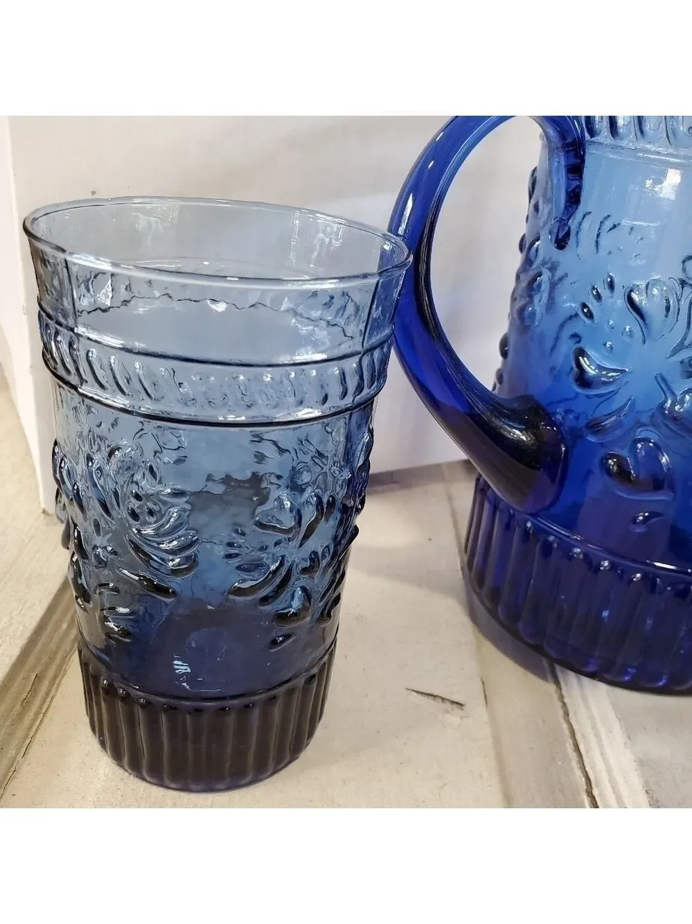 Vintage 4pc cobalt blue glass Pitcher & 3 glasses set floral leaf patterned
